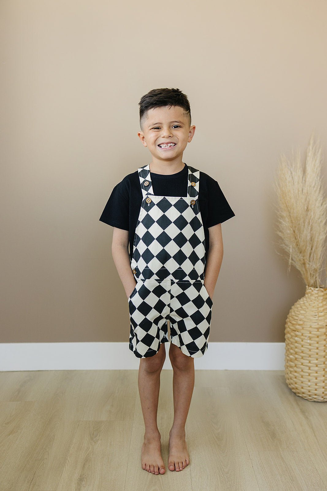 Checkered Overall Shorts - Olive + Scout