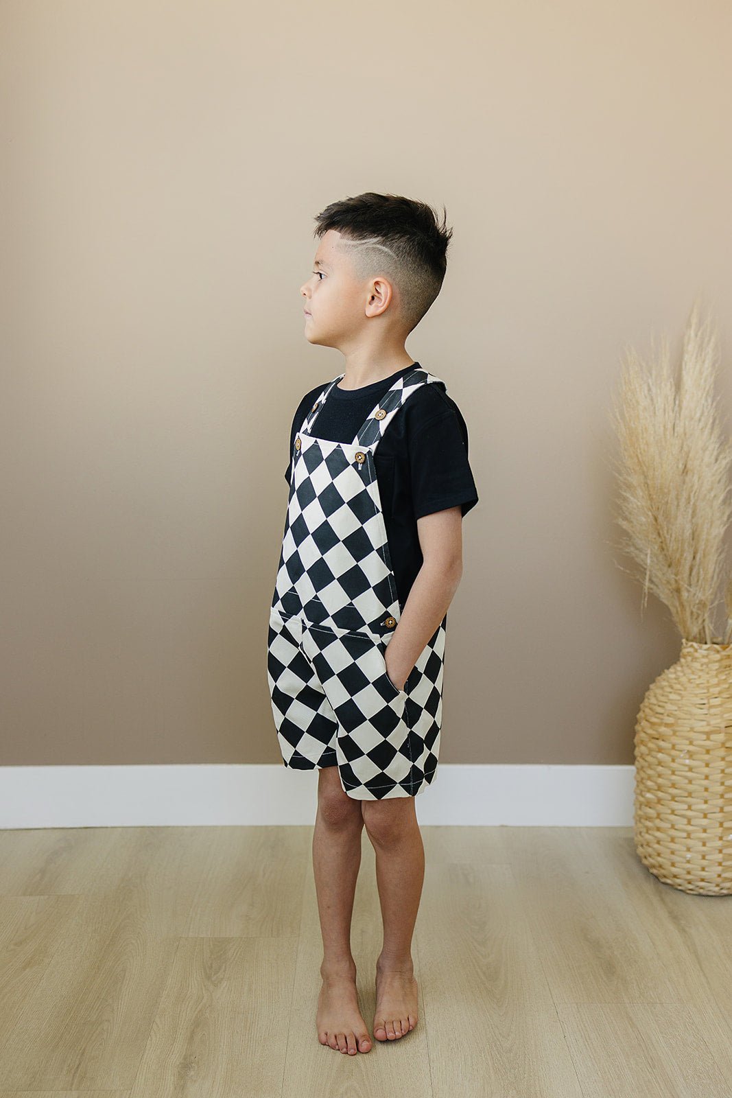 Checkered Overall Shorts - Olive + Scout